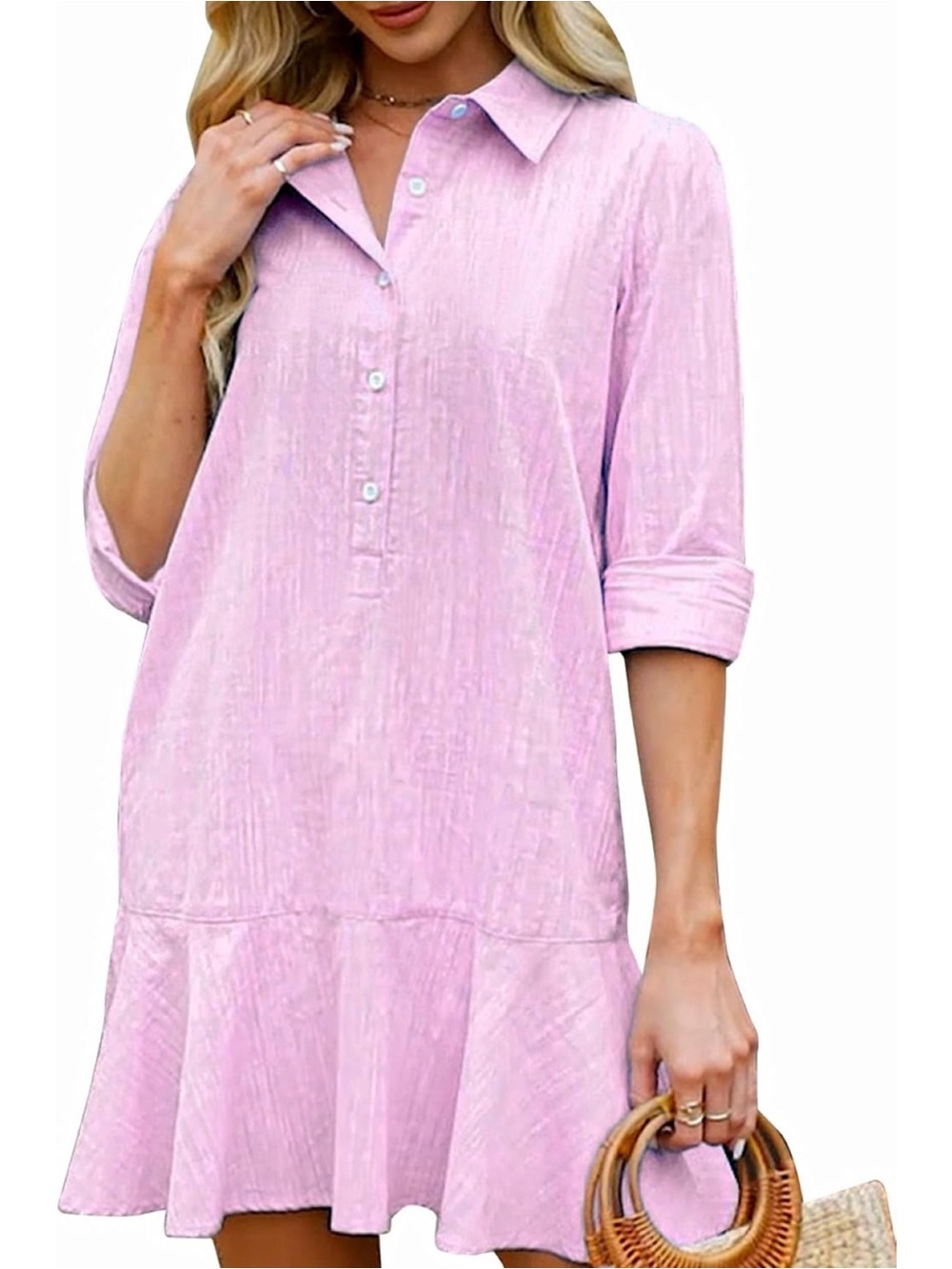 Light Pink Button-Front Relaxed Shirt Dress